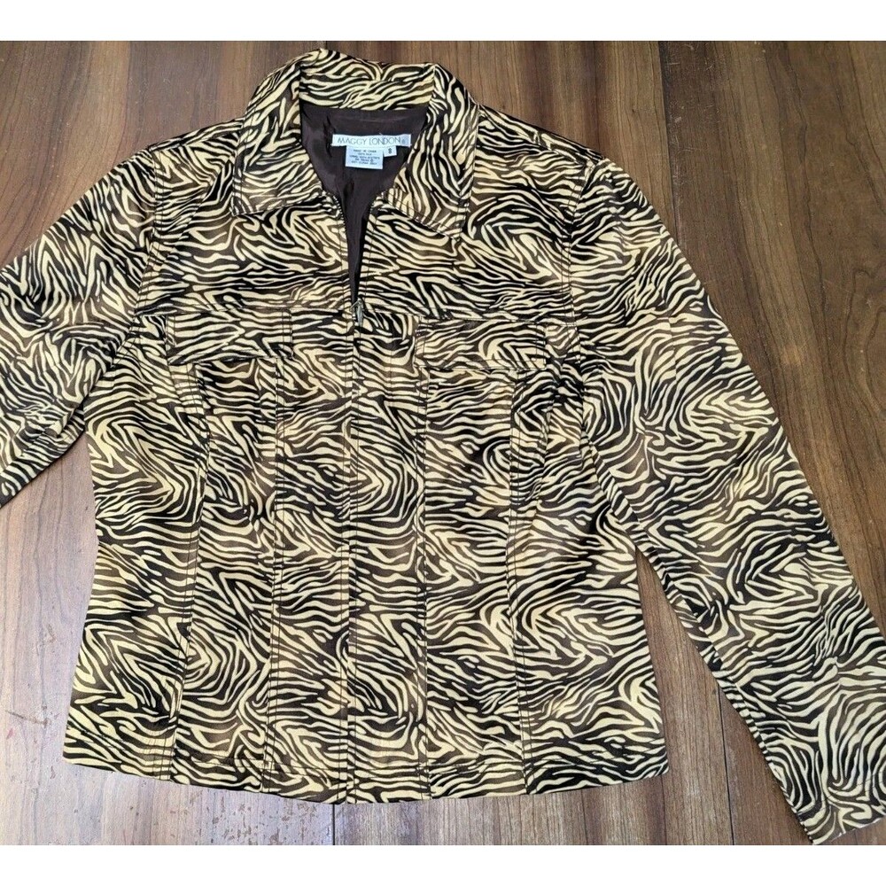 Vintage 90s JACKET BLAZER 8 100% Silk Tiger Stripe Zip Front Statement Lined
